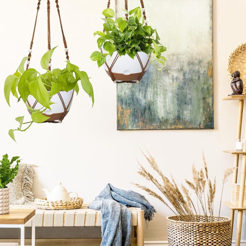 Koalaime 2 Pack Hanging Planters Set,10 Inch Indoor Outdoor Hanging Plant Pot Basket,Hanging Flower Pot with Drainage Hole with 3 Hooks for Garden Home(Caramel Hanger White Planters) - Image 2